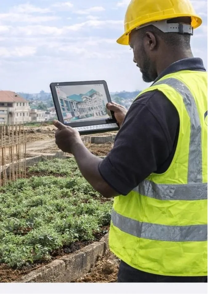 Site engineer in PPE checking a building model on a tablet